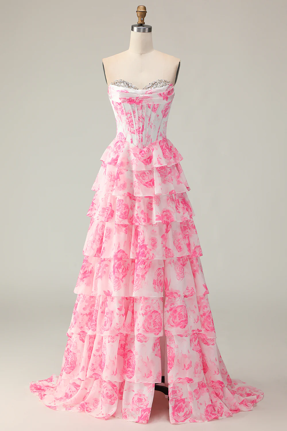 Glamorous Strapless Floral Print Tiered Ruffle Prom Dress with Beaded Neckline and Corset Bodice