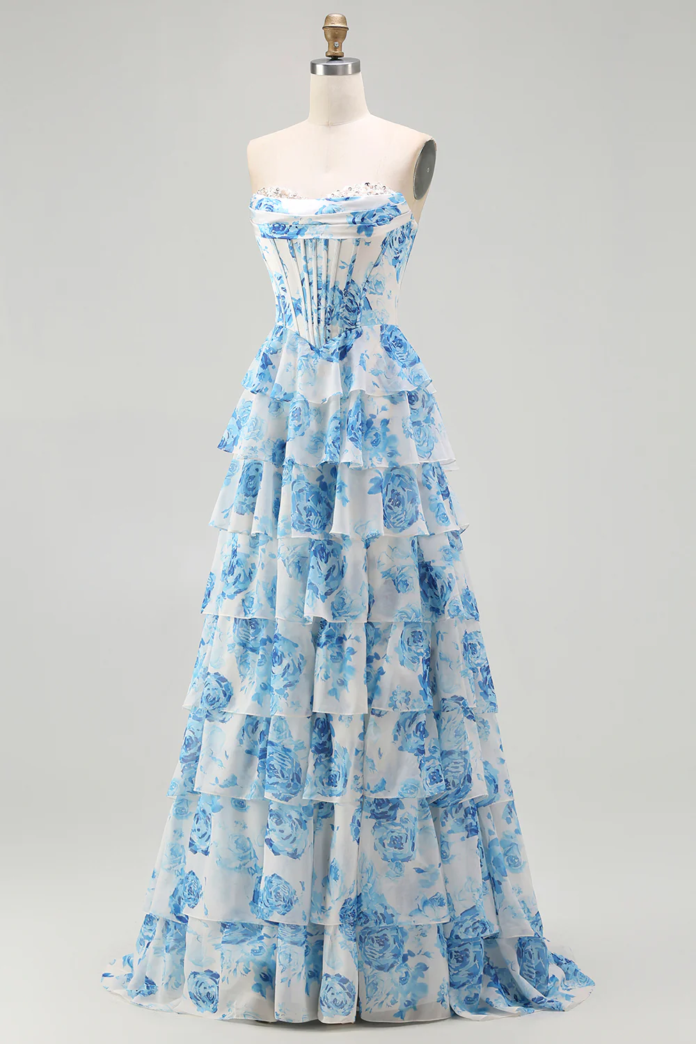 Glamorous Strapless Floral Print Tiered Ruffle Prom Dress with Beaded Neckline and Corset Bodice