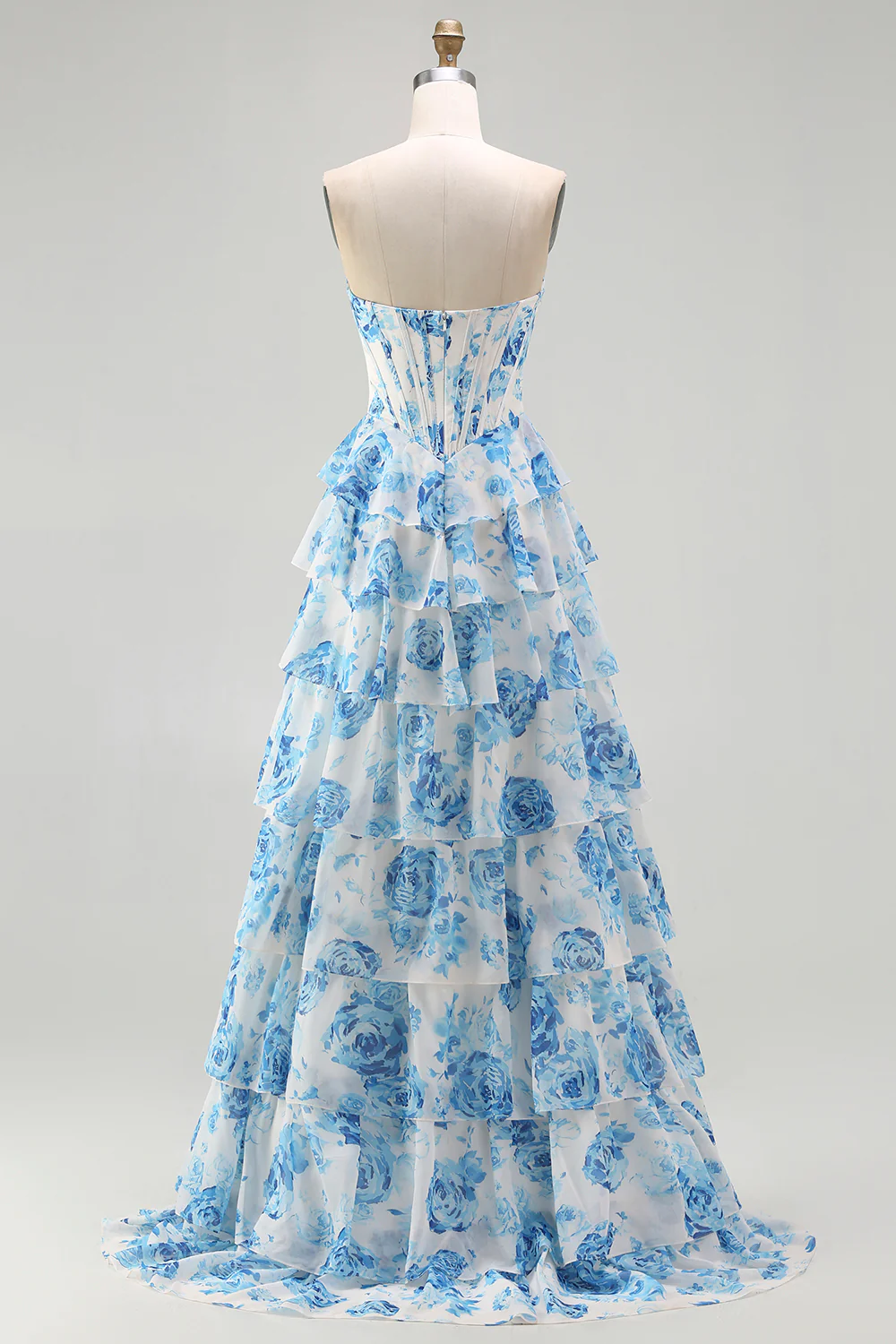 Glamorous Strapless Floral Print Tiered Ruffle Prom Dress with Beaded Neckline and Corset Bodice