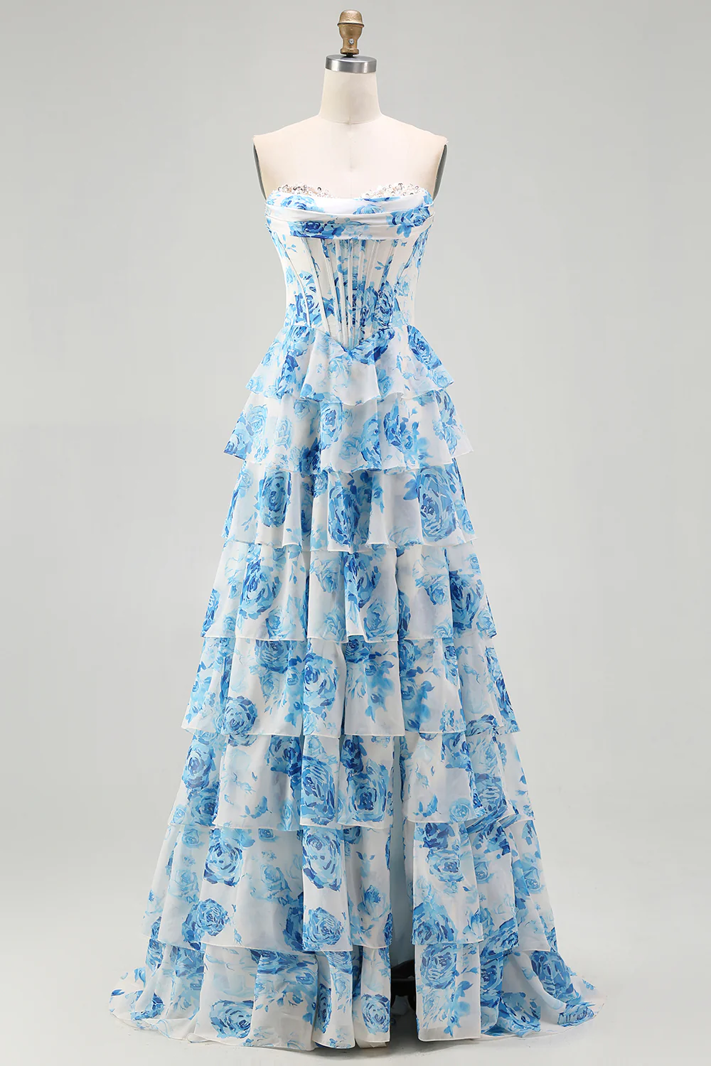 Glamorous Strapless Floral Print Tiered Ruffle Prom Dress with Beaded Neckline and Corset Bodice