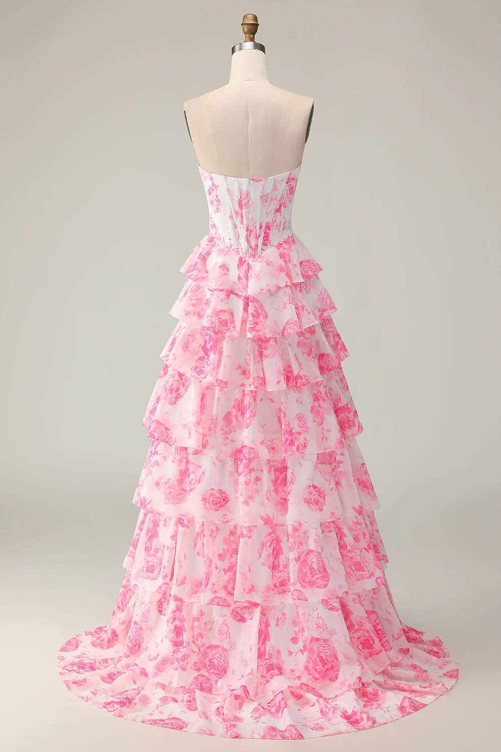 Glamorous Strapless Floral Print Tiered Ruffle Prom Dress with Beaded Neckline and Corset Bodice