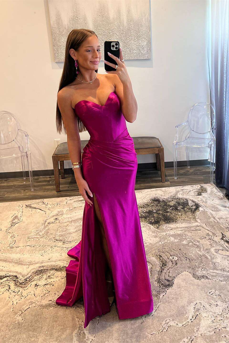 Glamorous Strapless Sweetheart Neck Satin Mermaid Prom Dress with Corset Bodice & High Side Slit