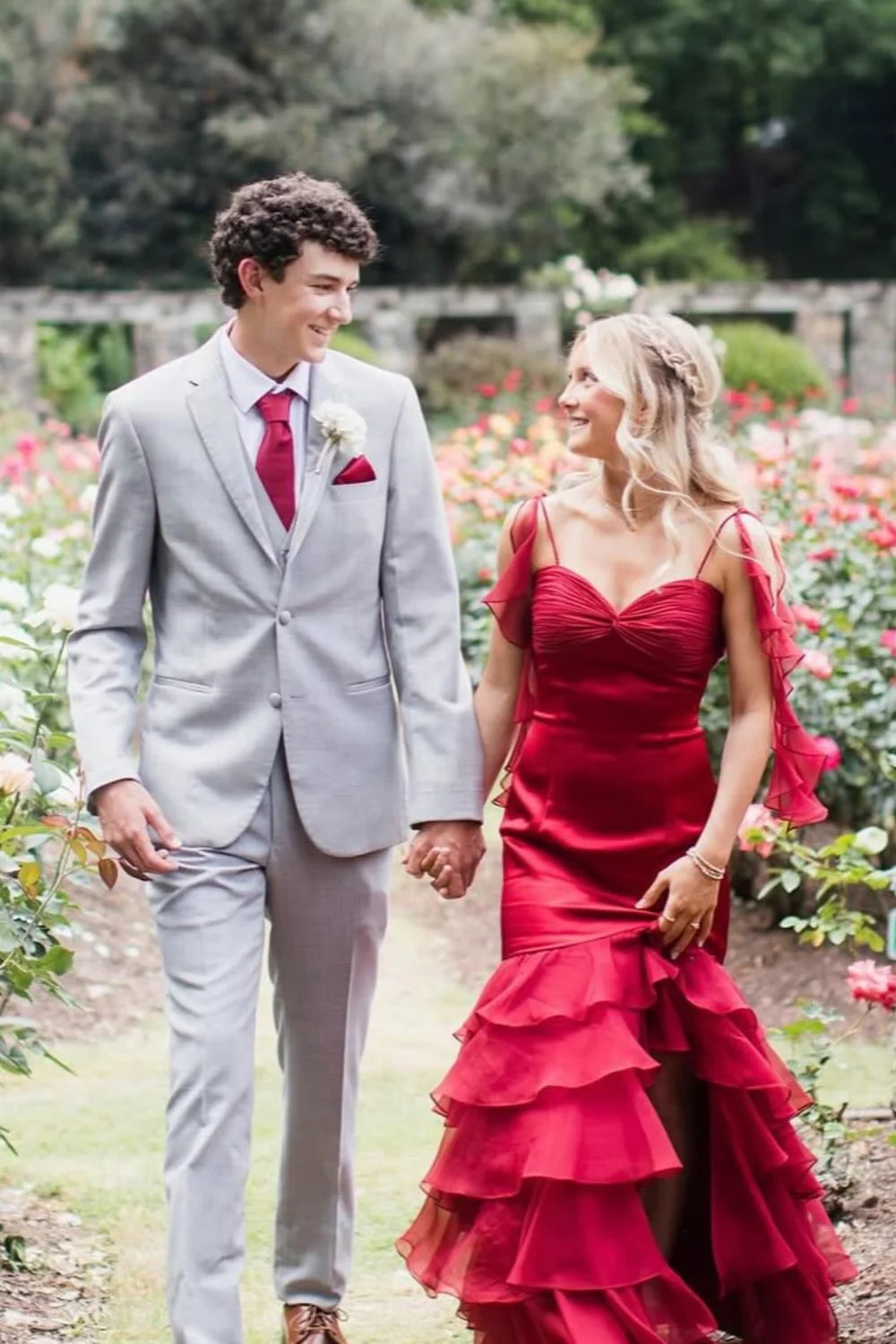 Glamorous Strapless Sweetheart Satin Mermaid Prom Dress with Ruffled Tiered Skirt Open Back & High Slit