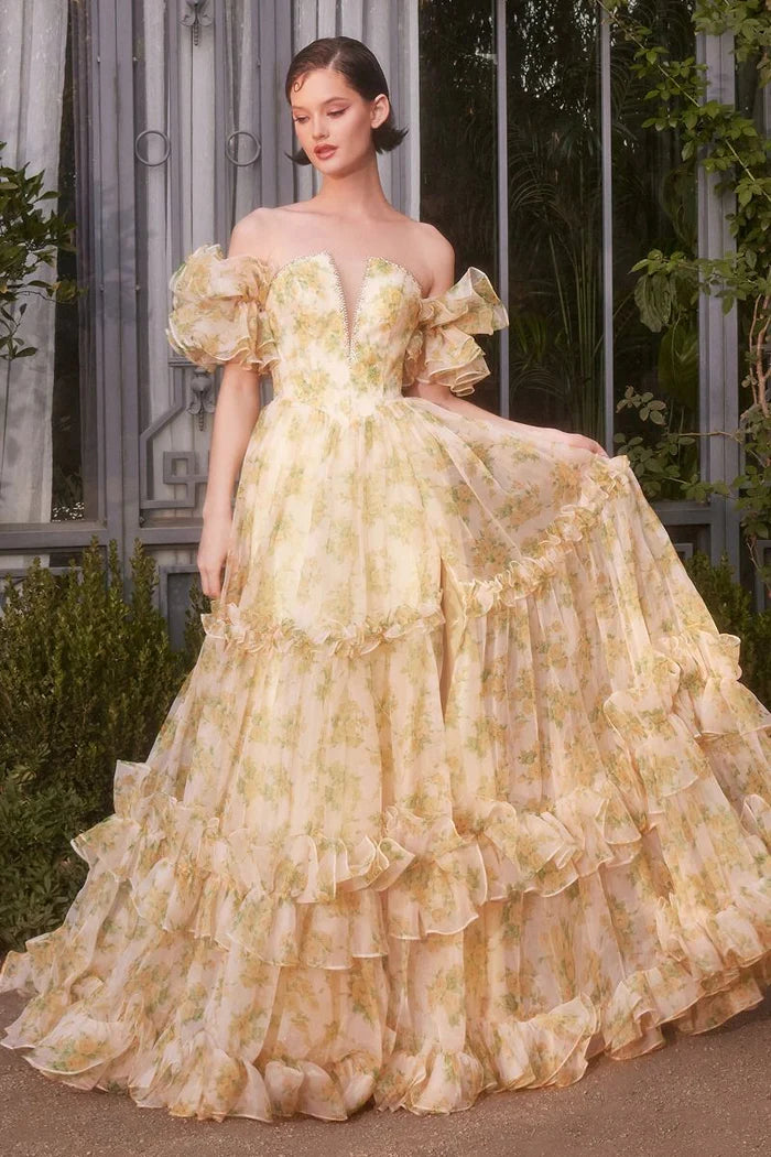 Glamorous Tiered Ball Gown Off-Shoulder Puff Sleeve Lace-Up Back High Slit Train Prom Dress