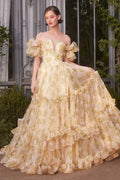 Butter Chiffon A-Line Sweetheart Floor-Length Evening Dress with Ruffled Skirt & Off-the-Shoulder Sleeves