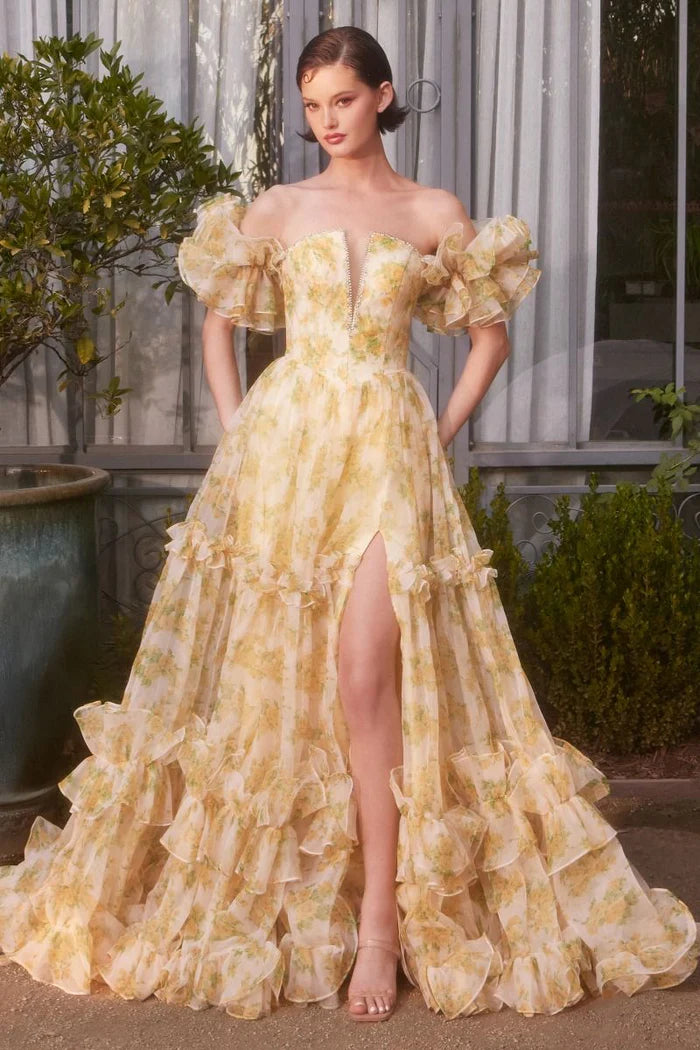 Glamorous Tiered Ball Gown Off-Shoulder Puff Sleeve Lace-Up Back High Slit Train Prom Dress