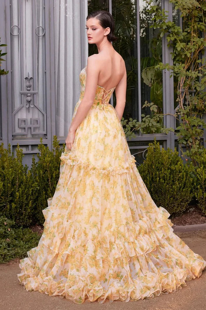Glamorous Tiered Ball Gown Off-Shoulder Puff Sleeve Lace-Up Back High Slit Train Prom Dress