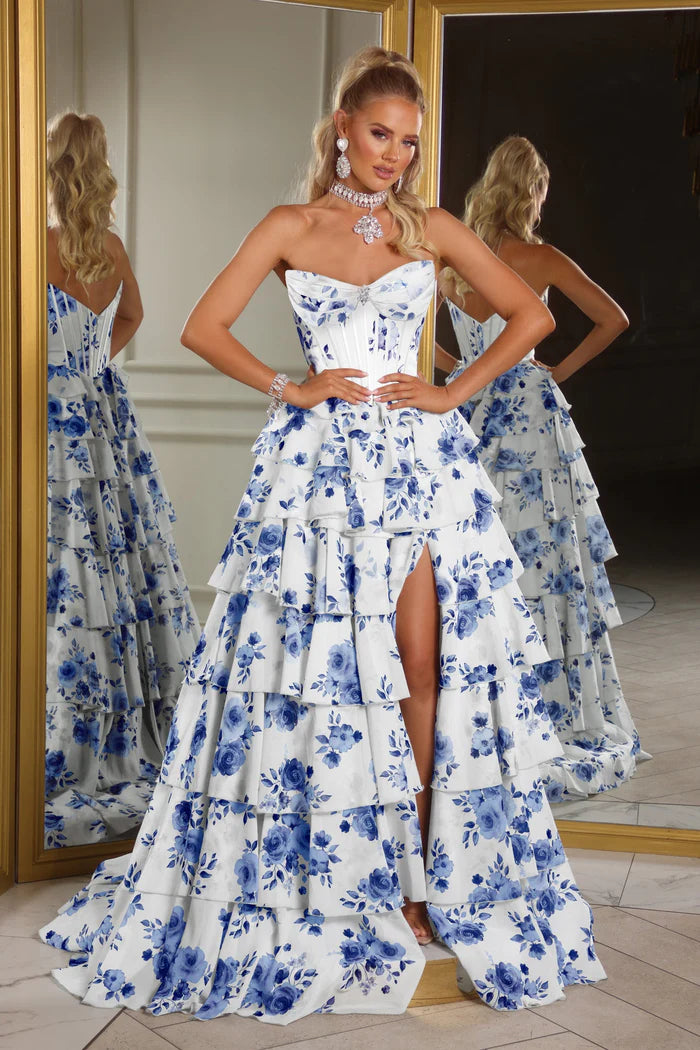 Glamorous Tiered Mermaid Strapless Sweetheart Lace-Up Back High Slit Train Prom Dress