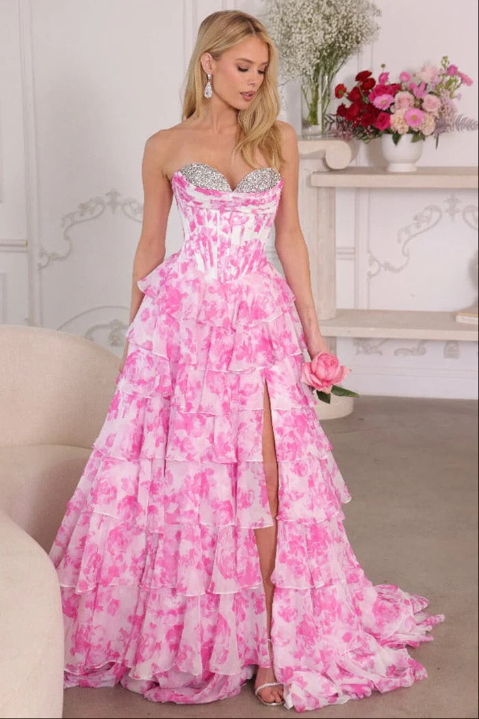 Glamorous Tiered Mermaid Strapless Sweetheart Lace-Up Back High Slit Train Prom Dress
