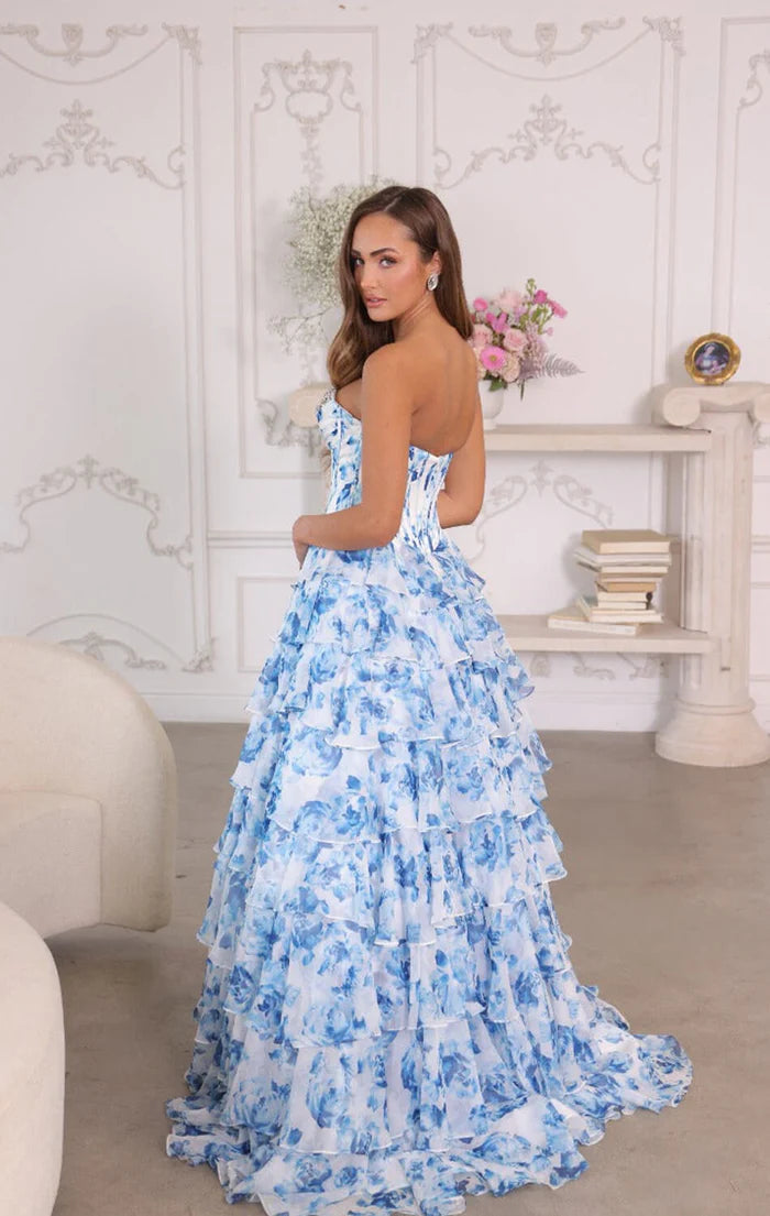 Glamorous Tiered Mermaid Strapless Sweetheart Lace-Up Back High Slit Train Prom Dress