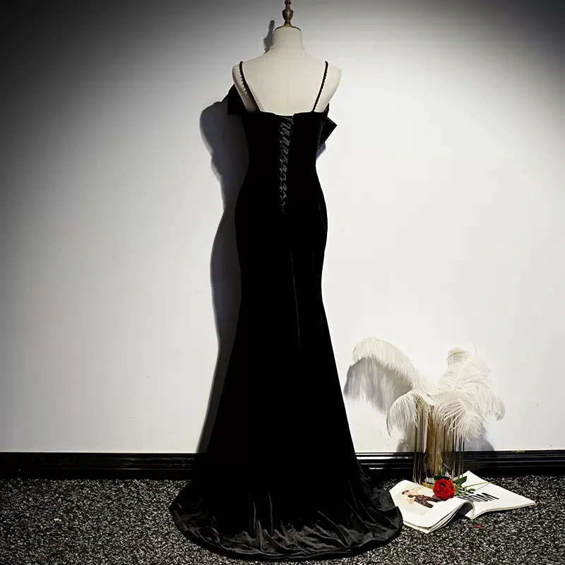 Glamorous Velvet Mermaid Maxi Dress Sweetheart Neck Bow Detail Lace Up Evening Dresses