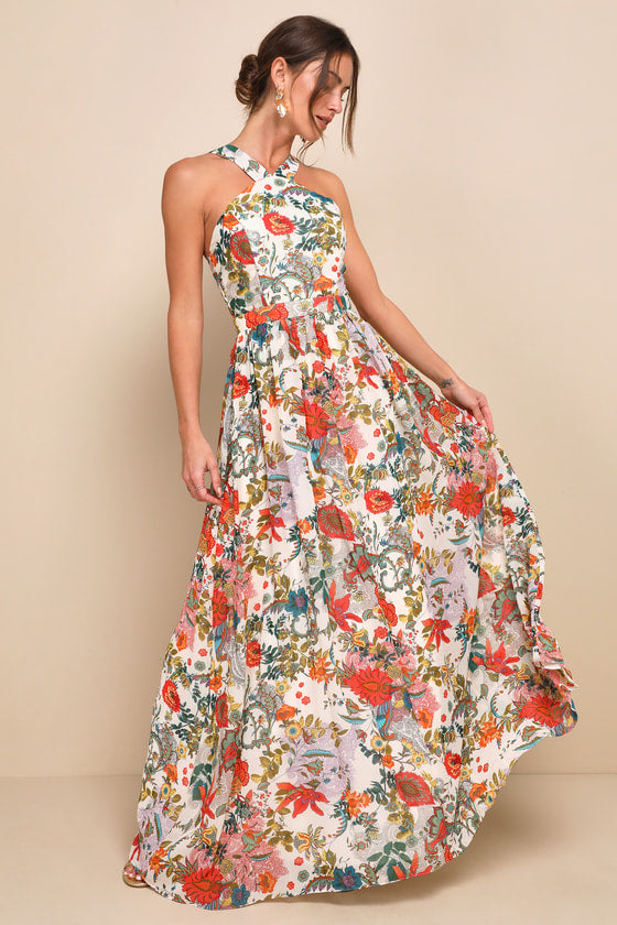 Glamorous Vibrant Floral A-Line Silhouette Halter Neck Sleeveless Open Back Floor-Length Prom Dress