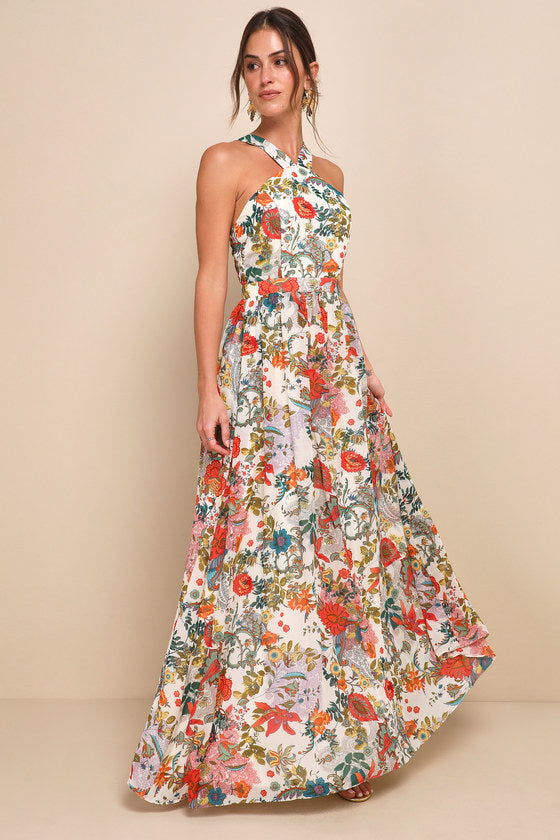 Glamorous Vibrant Floral A-Line Silhouette Halter Neck Sleeveless Open Back Floor-Length Prom Dress