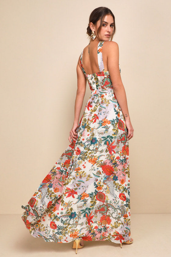 Glamorous Vibrant Floral A-Line Silhouette Halter Neck Sleeveless Open Back Floor-Length Prom Dress