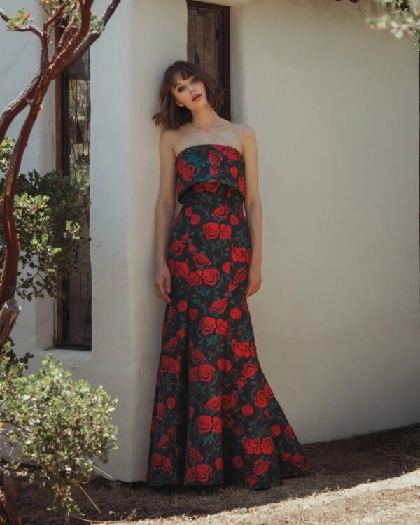 Glamorous Mermaid Silhouette Strapless Rose Jacquard Overlay Detail Maxi Prom Dress