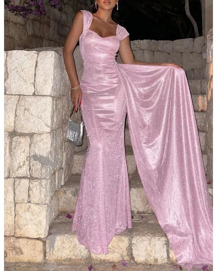 Glamorous Mermaid Sweetheart Cap-Sleeve Back-Zip Floor-Length Glitter Evening Dress