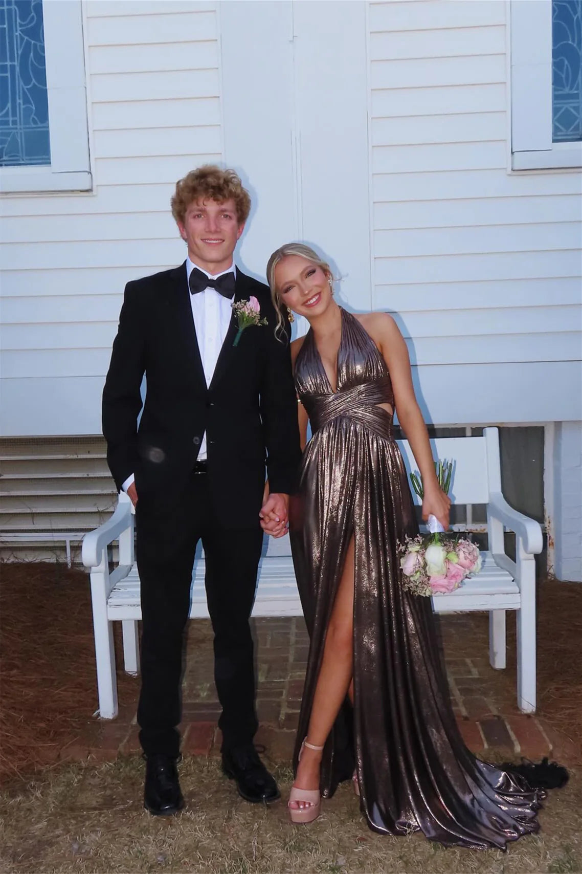 Glamorous Metallic Halter Plunge V-Neck Cutout A-Line Prom Dress with High Slit & Train