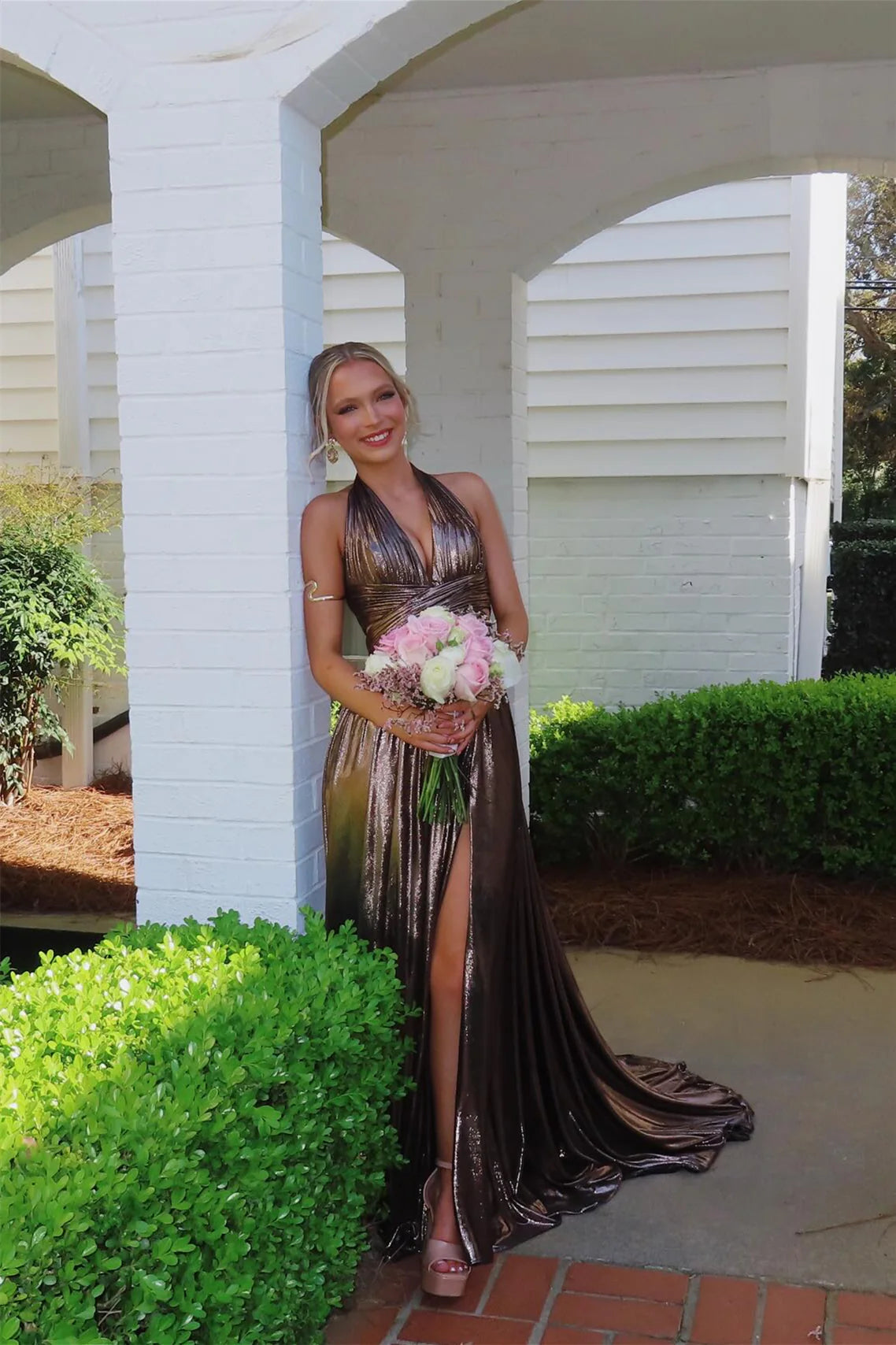 Glamorous Metallic Halter Plunge V-Neck Cutout A-Line Prom Dress with High Slit & Train