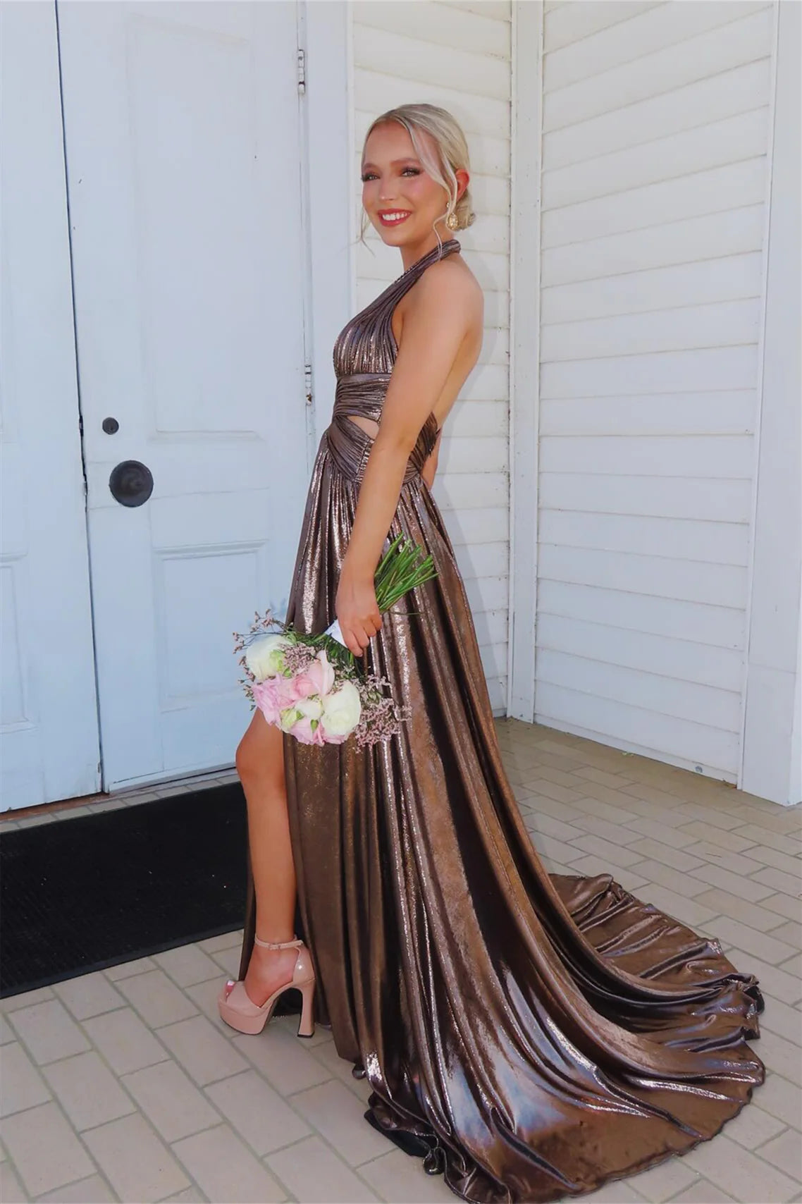 Glamorous Metallic Halter Plunge V-Neck Cutout A-Line Prom Dress with High Slit & Train