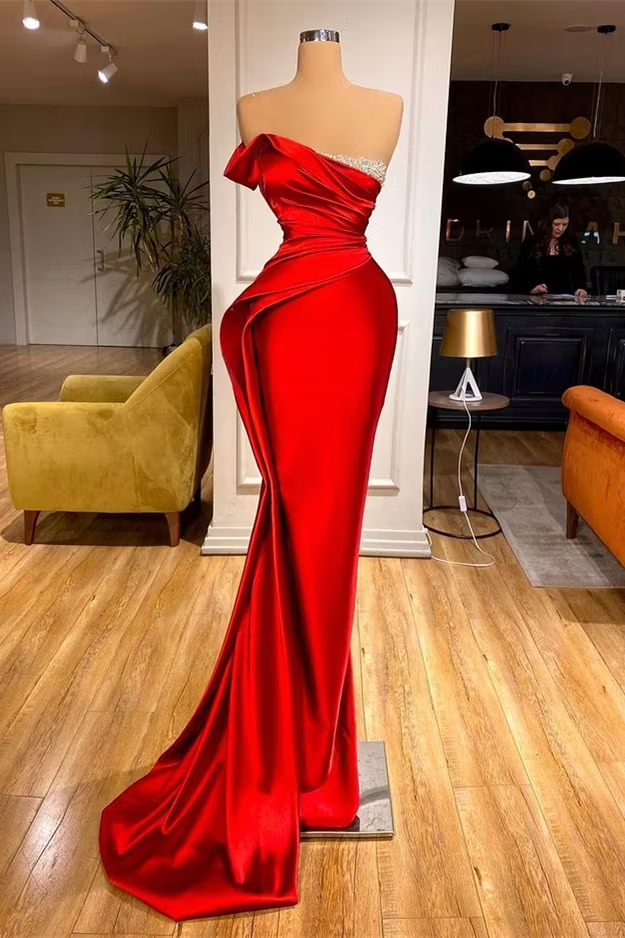 Glamorous Red Mermaid One-Shoulder Draped Sleeveless Strapless Beaded Back Floor-Length Evening Dresses