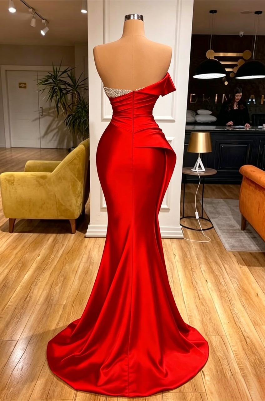 Glamorous Red Mermaid One-Shoulder Draped Sleeveless Strapless Beaded Back Floor-Length Evening Dresses