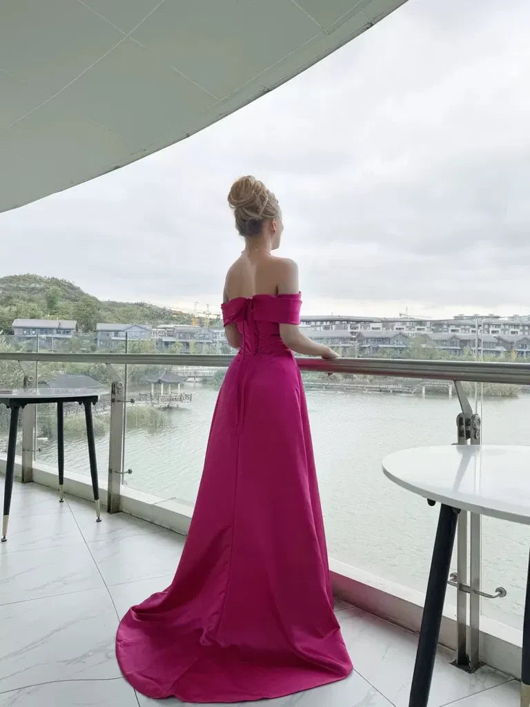 Glamorous Satin A-Line Off-Shoulder Draped Short Sleeves Lace-Up Back Floor-Length with Train Evening Dresses