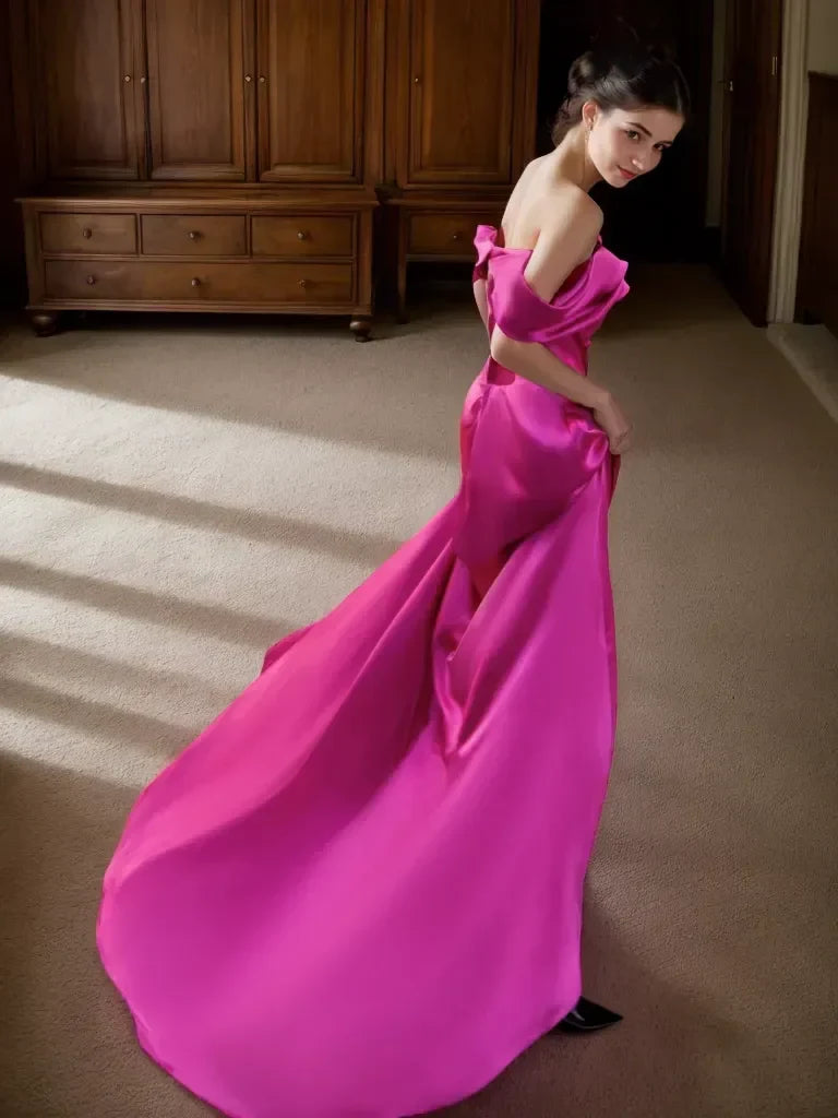 Glamorous Satin A-Line Off-Shoulder Draped Short Sleeves Lace-Up Back Floor-Length with Train Evening Dresses