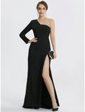 Black Crepe One Shoulder Floor-Length Sheath/column Dress with High Slit