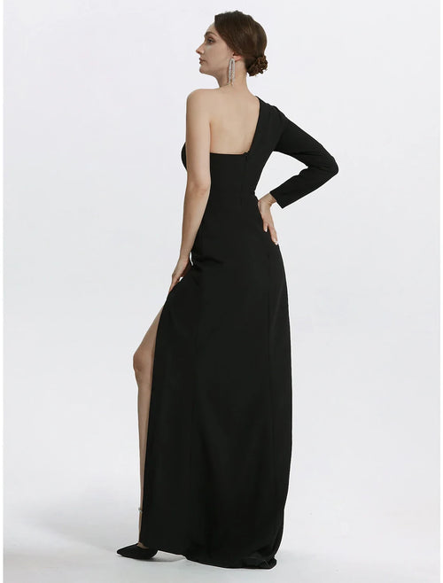 Black Crepe One Shoulder Floor-Length Sheath/column Dress with High Slit