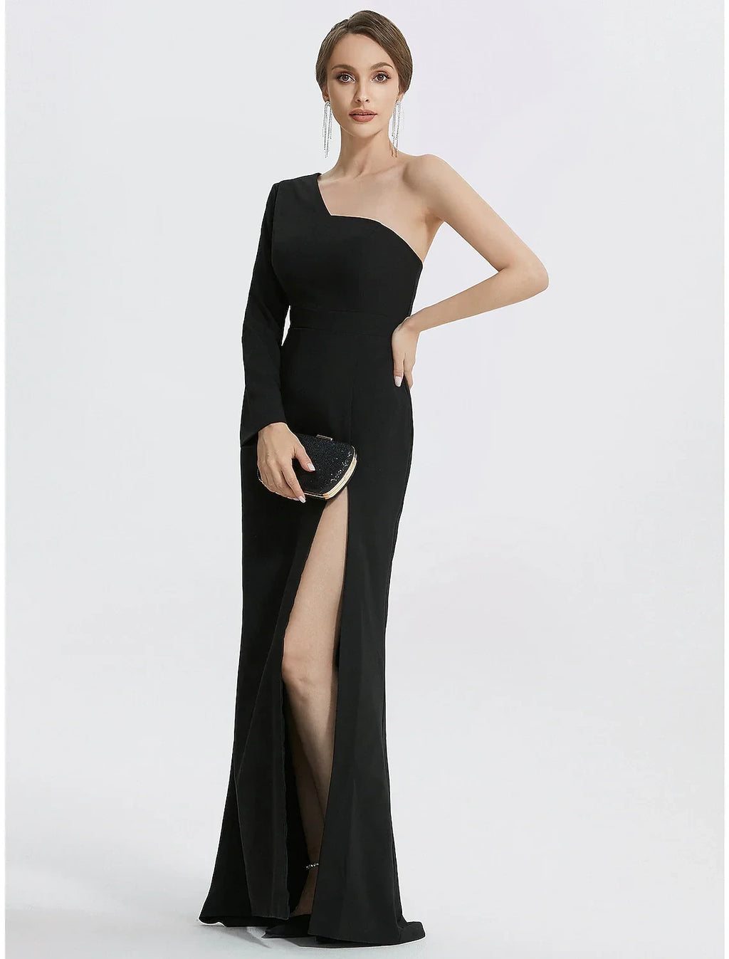 Black Crepe One Shoulder Floor-Length Sheath/column Dress with High Slit