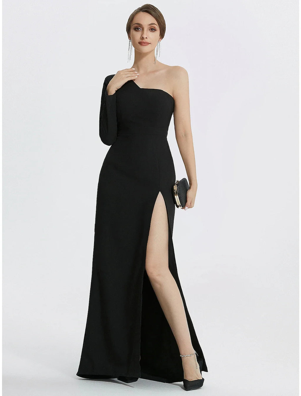 Black Crepe One Shoulder Floor-Length Sheath/column Dress with High Slit