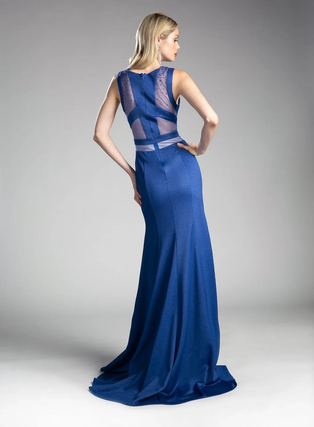 Glamorous Satin Mermaid Jewel Neck Sleeveless Sheer Cutout Back Floor-Length Evening Dresses