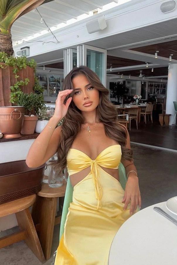Yellow Satin A-Line Floor-Length Dress with Sweetheart Neckline and Tie-front bodice + Waist cut-outs