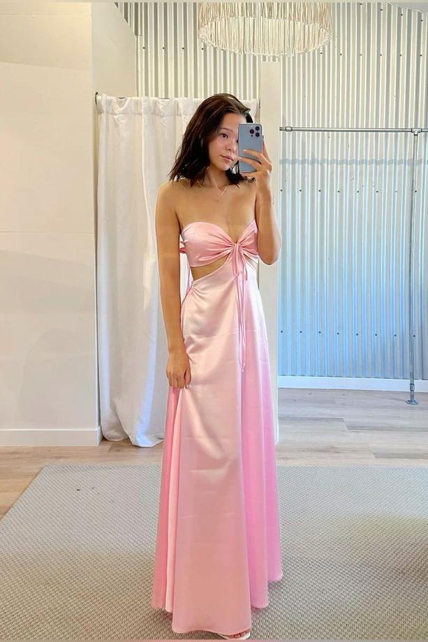 Glamorous Satin Prom Dress with Strapless Neckline, Front Tie and Side Cutouts