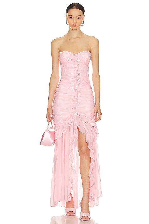 Blushing Pink Chiffon Sheath/column Floor-Length Dress with Sweetheart Neckline and Extensive Ruching + Ruffled Details