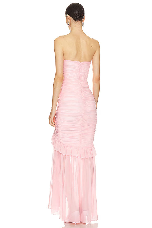 Blushing Pink Chiffon Sheath/column Floor-Length Dress with Sweetheart Neckline and Extensive Ruching + Ruffled Details