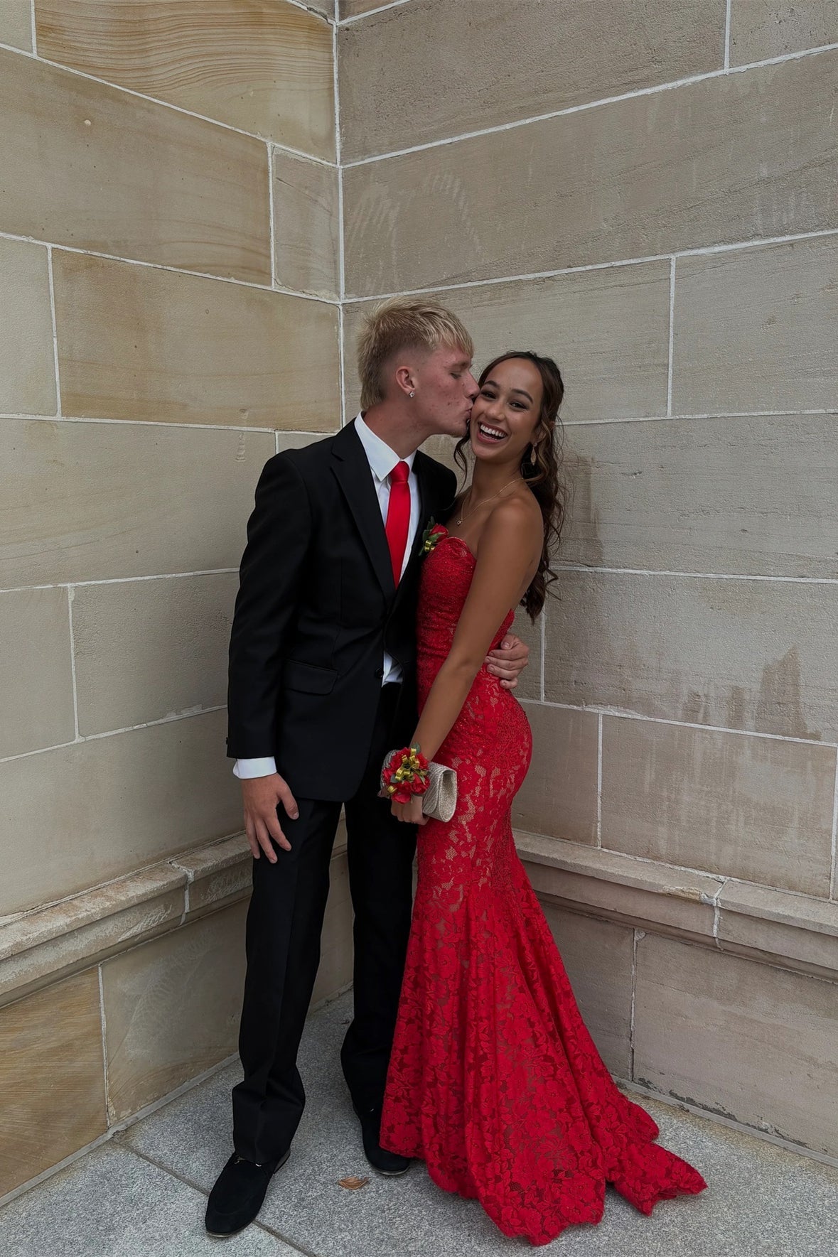 Red Lace Mermaid Floor-Length Evening Dress with Straight Neck + Back Zip