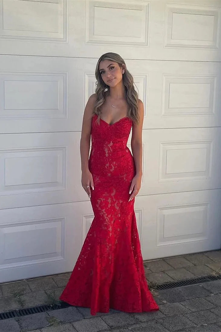 Red Lace Mermaid Floor-Length Evening Dress with Straight Neck + Back Zip