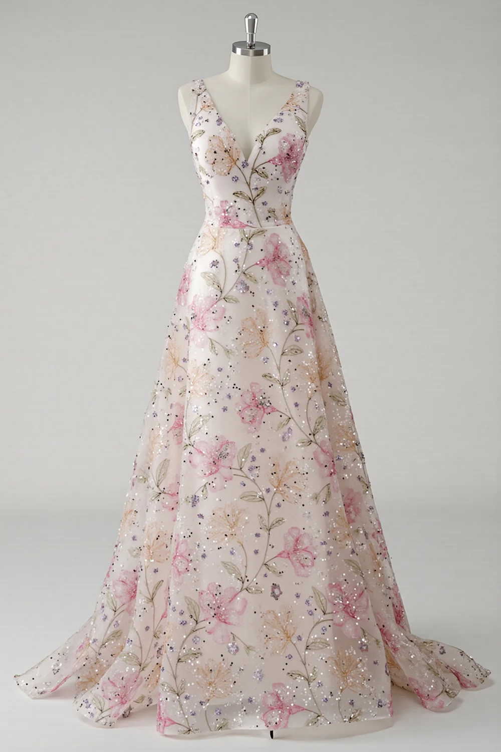 Glamorous V-Neck Floral Sequin Tulle Prom Dress with Wide Straps and Train