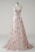 Blushing Pink Tulle V-Neck A-Line Floor-Length Gown with Floral Embroidery & Sequins