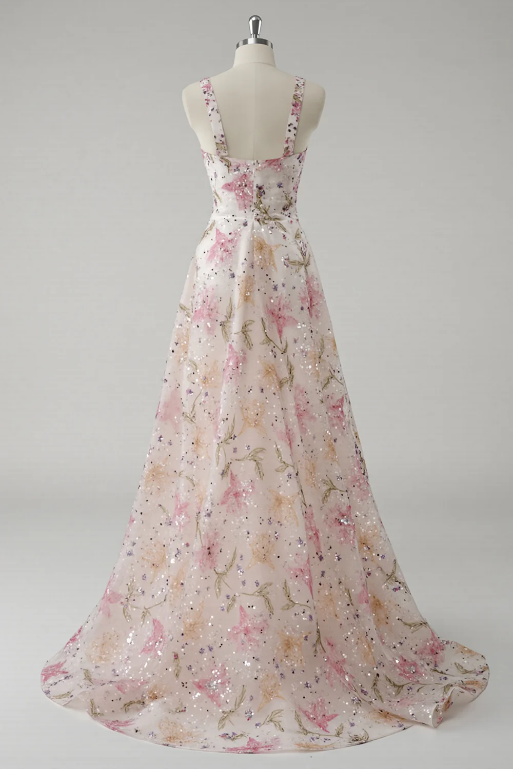 Glamorous V-Neck Floral Sequin Tulle Prom Dress with Wide Straps and Train