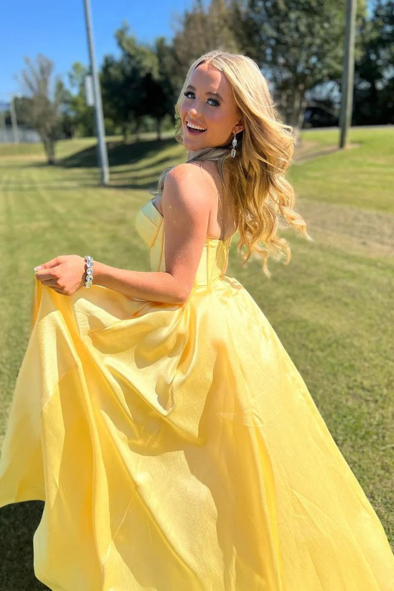 Glam satin ball gown prom dress with strapless sweetheart neck, corset bodice, and voluminous skirt