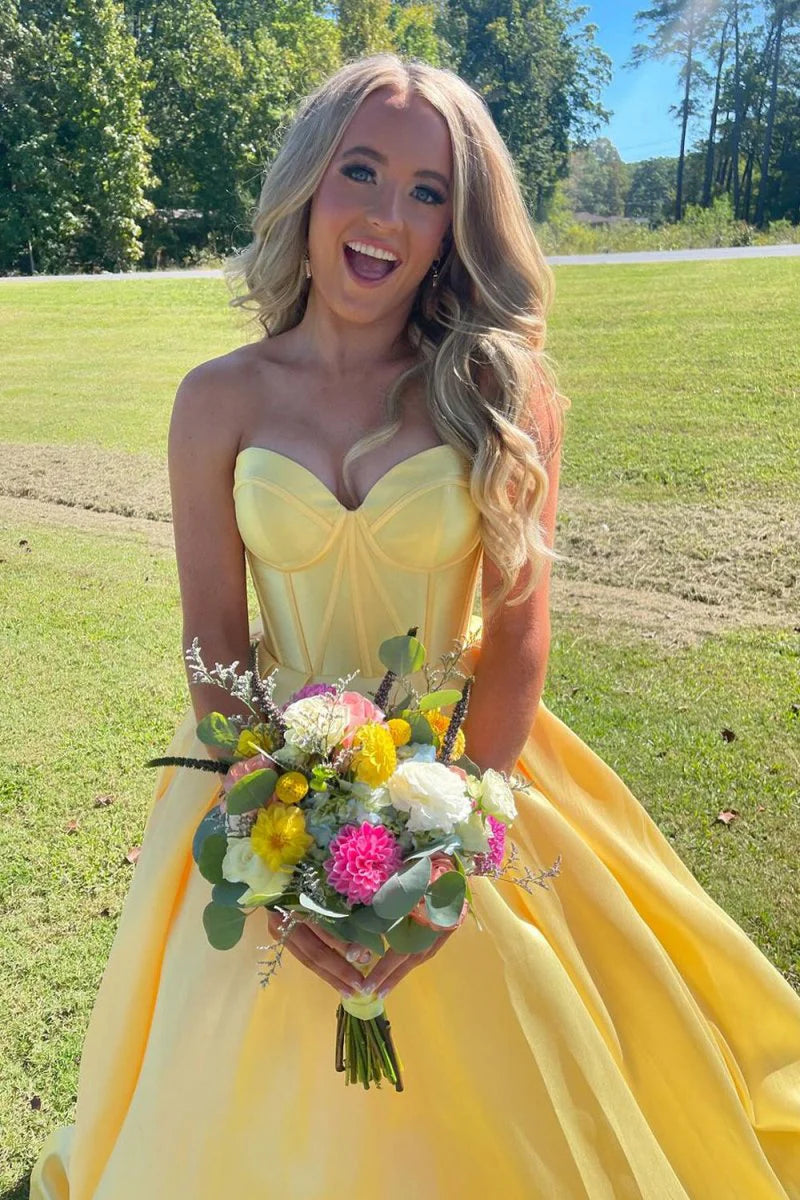 Glam satin ball gown prom dress with strapless sweetheart neck, corset bodice, and voluminous skirt