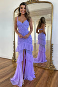 Lavender Lace Ruffle Mermaid Prom Dress