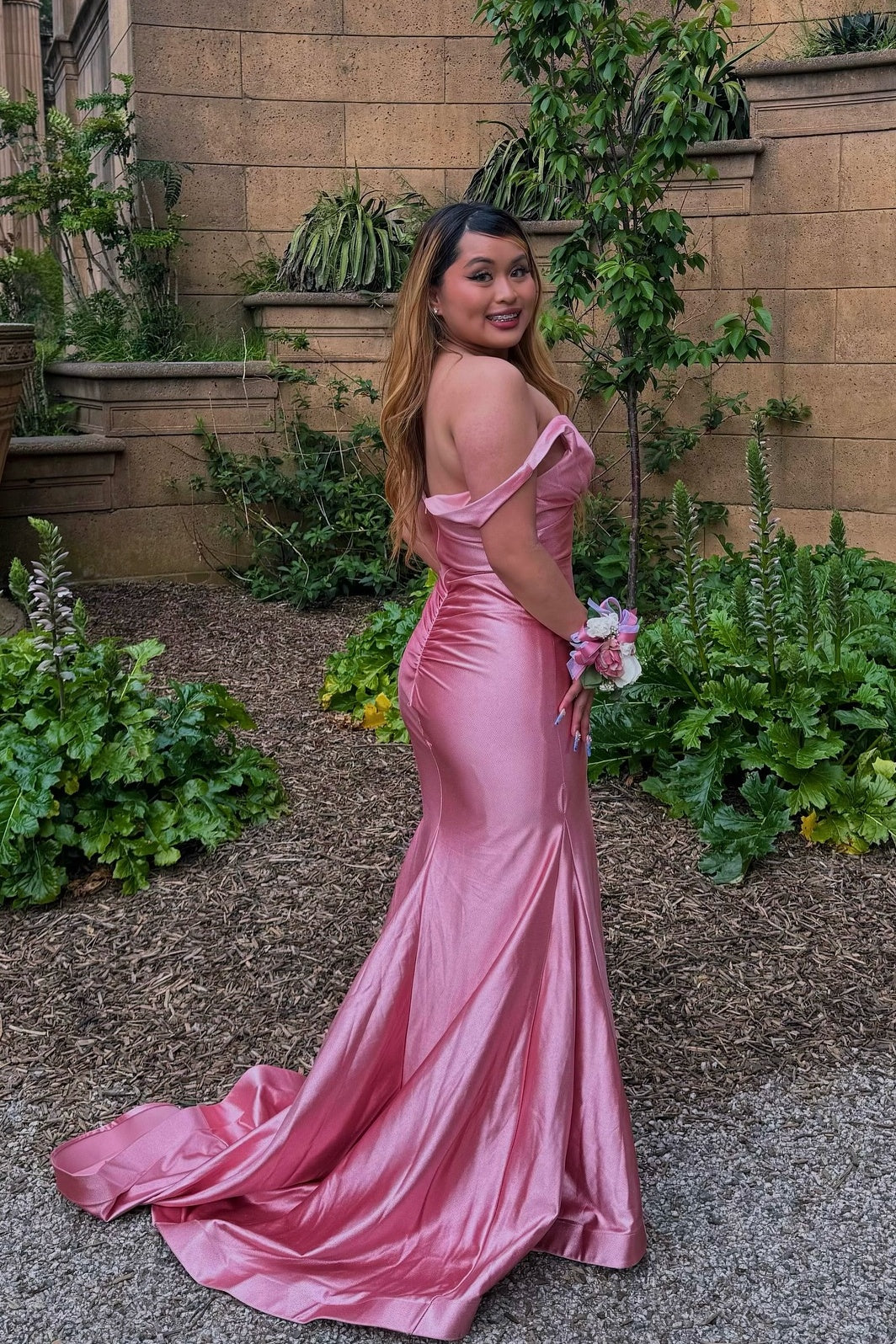 Glitter Satin Mermaid Prom Dress with Deep V Neck and Sweeping Train