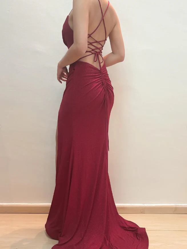 Glitter V-Neck Spaghetti Straps Lace-Up Back Ruched Mermaid Slit Evening Dress