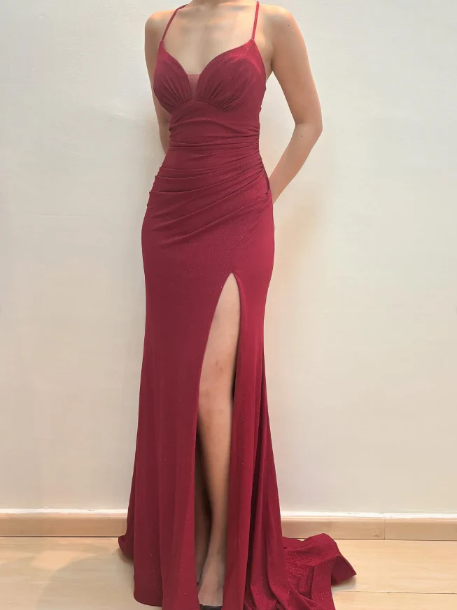 Glitter V-Neck Spaghetti Straps Lace-Up Back Ruched Mermaid Slit Evening Dress