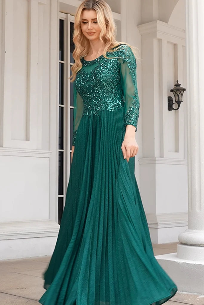 Emerald Sequin A-Line Floor-Length Evening Dress with Scoop Neck and Pleated Skirt