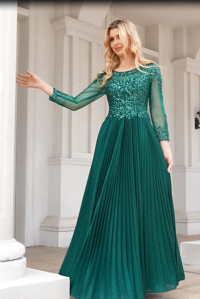 Vestidos para madre de la novia elegantes, brillantes, en forma de A, de color verde, con escote bajo, redondo, mangas largas y largo hasta el suelo adornados con cuentas.
