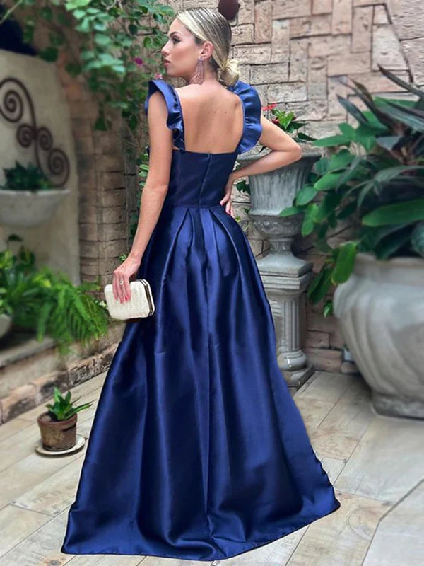 Glossy satin a line sweetheart ruffle strap open back floor length formal evening dress